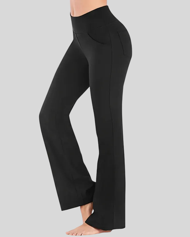 Side view of Athlesi FlexEase Pocket Active Pant in black, showing straight-leg fit