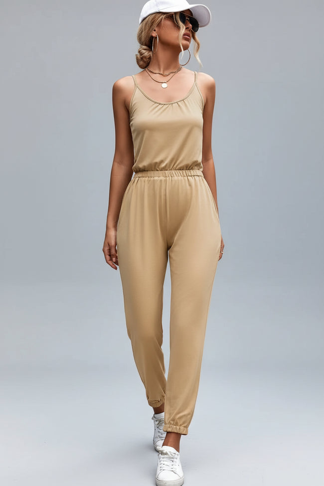 FlowEase slim strap jumpsuit in camel, angled front view