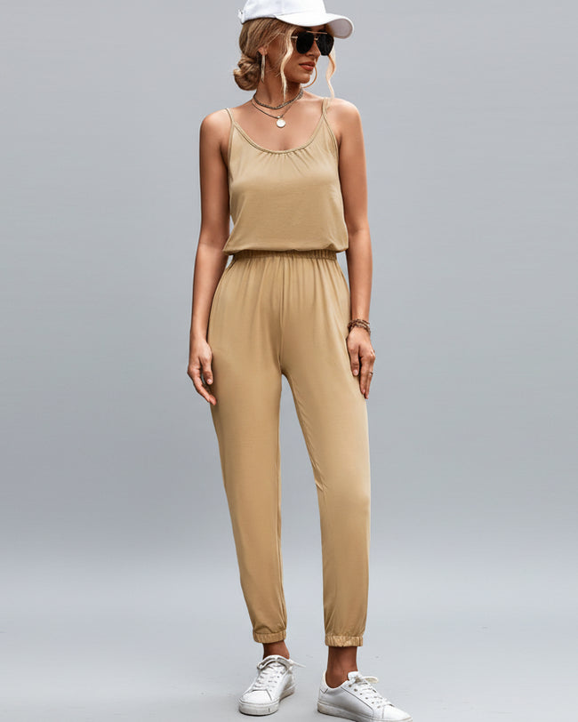 FlowEase slim strap jumpsuit in camel, front view