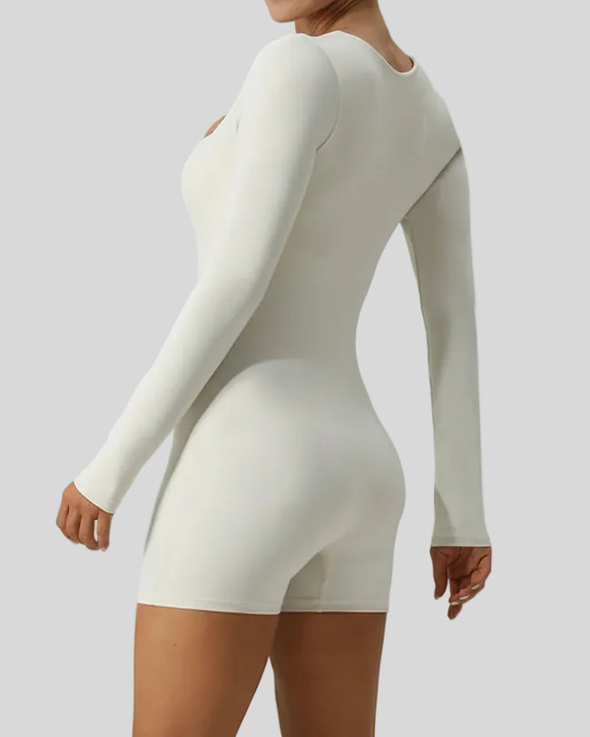 FormAlign long sleeve romper in ivory, back view with smooth contouring