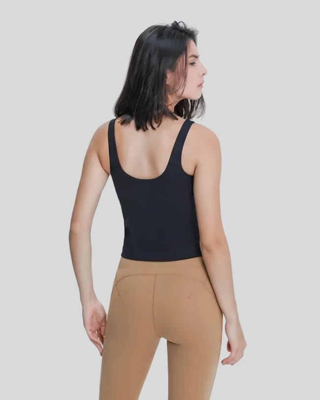 Back view of black V-neck active tank with clean, minimal design