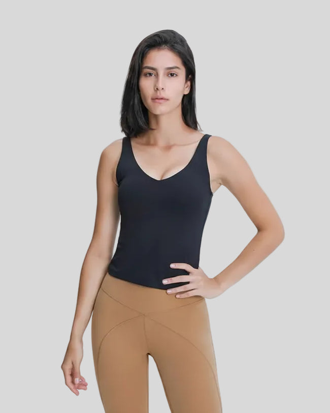 Black V-neck active tank with soft fabric and clean front silhouette