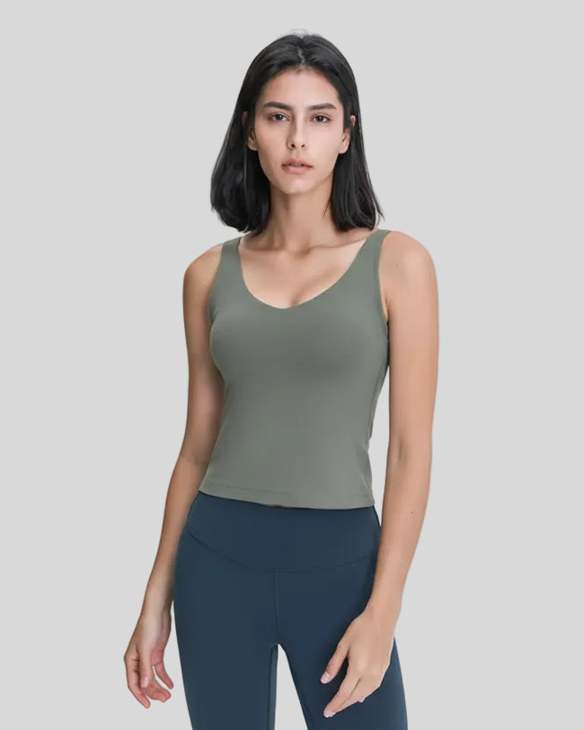 Sage V-neck active tank with soft fabric and clean front silhouette