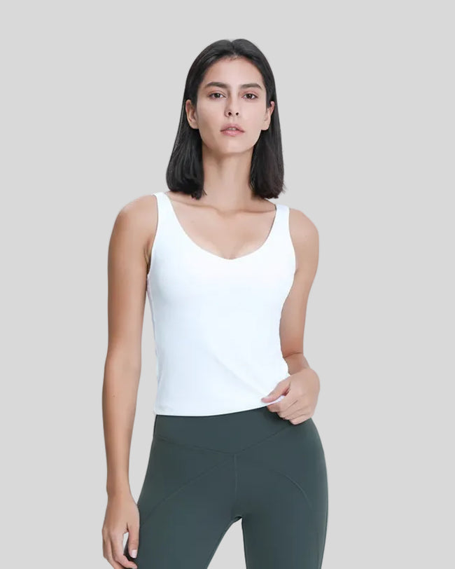White V-neck active tank with soft fabric and clean front silhouette
