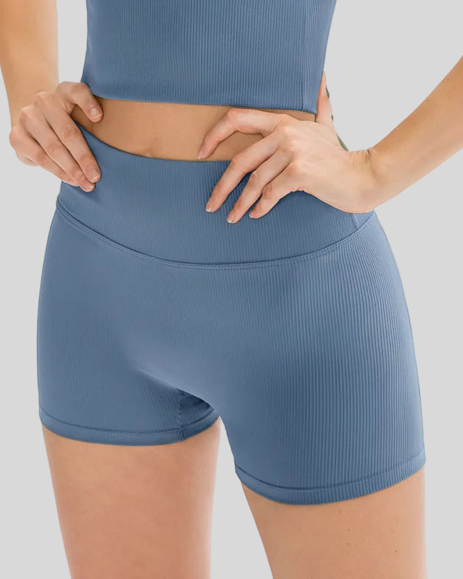 Light blue ribbed active short with wide waistband and sculpting fit