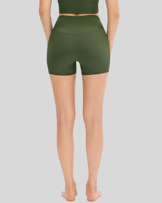 Back view of matcha green ribbed high-waist active short with smooth legging fit