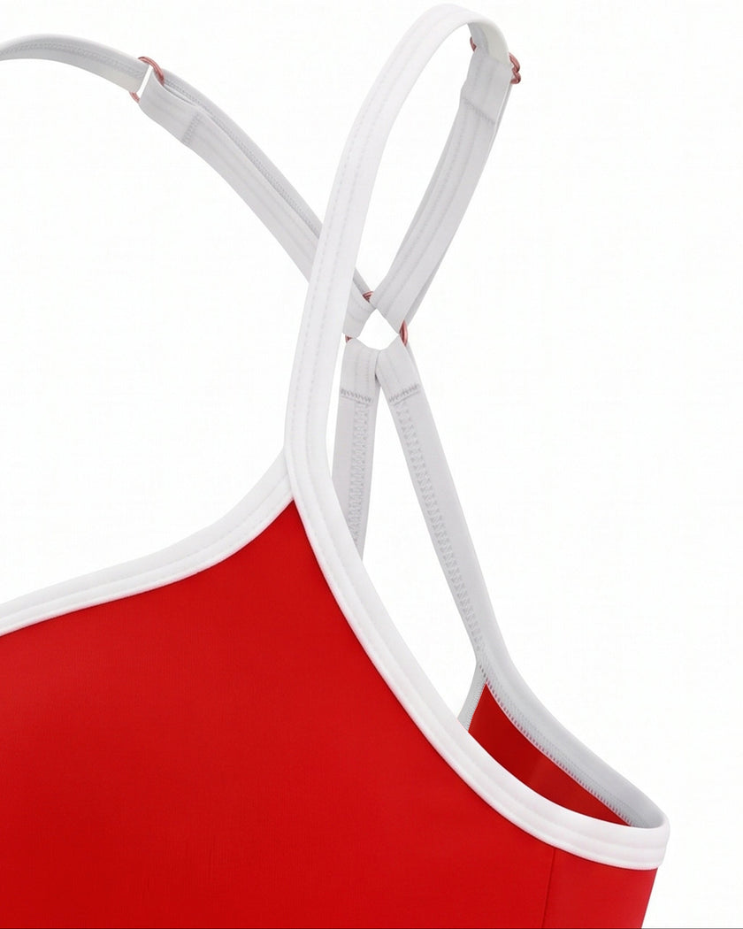 Closeup of armhole construction and white contrast edging on red TrackLine Sculpt Sports Bra