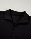Close-up of front collar detail on UrbanFlow zip jacket in black