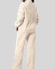 Back view of UrbanFlow zip jacket and drawstring pants set in beige