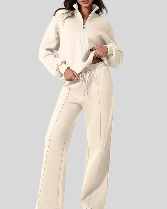 Front angle view of UrbanFlow two-piece jacket and pant set in beige