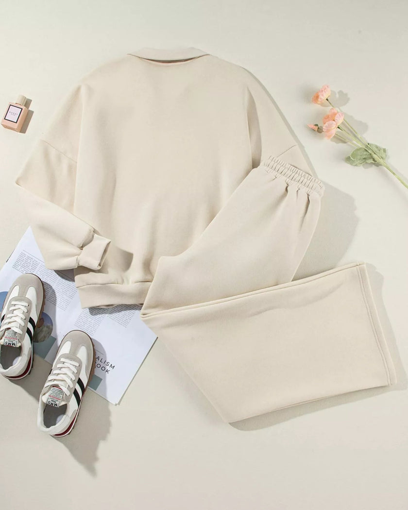 Back flat lay of UrbanFlow zip jacket and pant set in beige