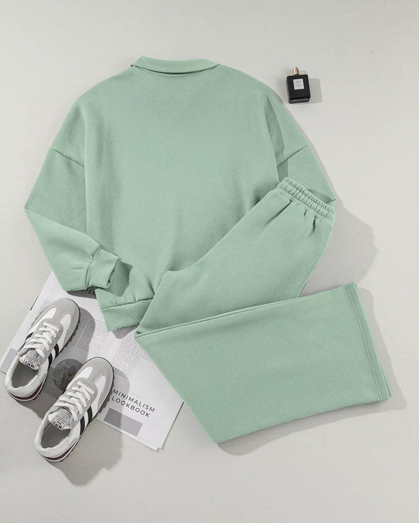 Back flat lay of UrbanFlow zip jacket and pant set in sage