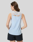 VeilBack Active Tank back view with cutout design and sheer detail in baby blue
