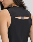 Close-up of VeilBack Active Tank cutout back and semi-sheer fabric texture in black