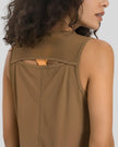 Close-up of VeilBack Active Tank cutout back and semi-sheer fabric texture in camel