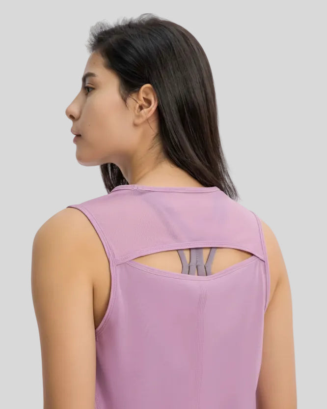 Close-up of VeilBack Active Tank cutout back and semi-sheer fabric texture in pink purple