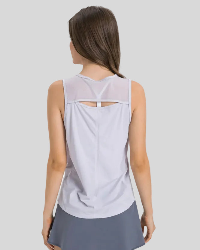 VeilBack Active Tank back view with cutout design and sheer detail in light blue