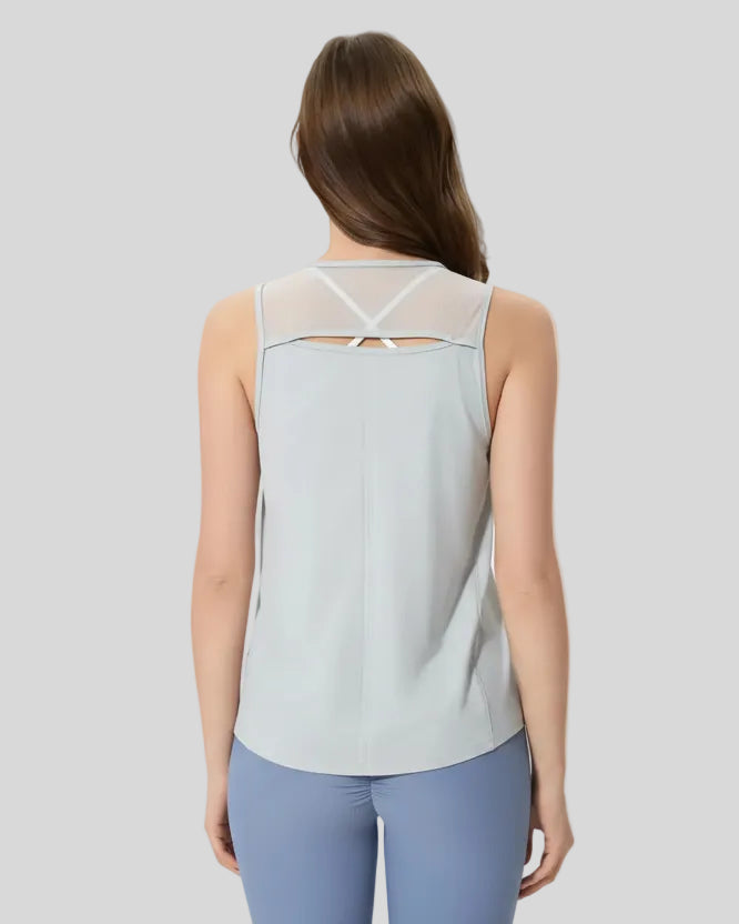 VeilBack Active Tank back view with cutout design and sheer detail in light gray