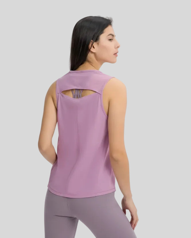 VeilBack Active Tank back view with cutout design and sheer detail in pink purple