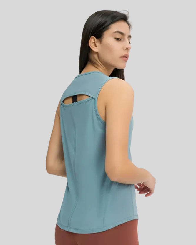 VeilBack Active Tank back view with cutout design and sheer detail in teal