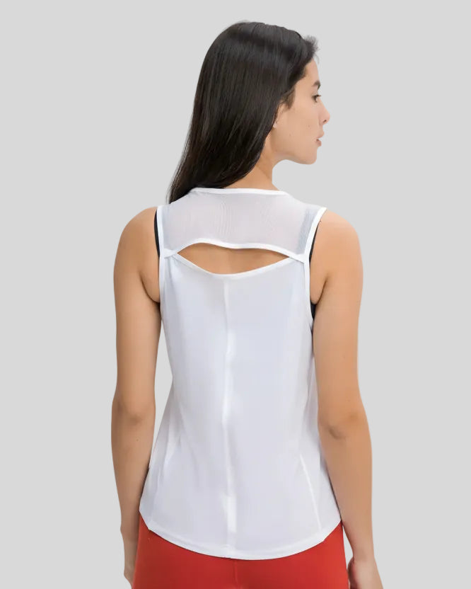 VeilBack Active Tank back view with cutout design and sheer detail in white