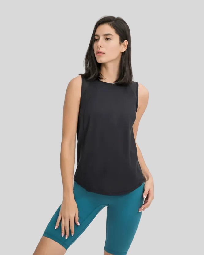 VeilBack Active Tank front angle showing lightweight drape and sleeveless cut in black