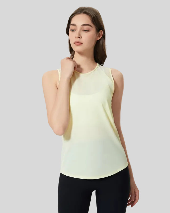 VeilBack Active Tank front angle showing lightweight drape and sleeveless cut in pastel yellow