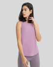 VeilBack Active Tank front angle showing lightweight drape and sleeveless cut in pink purple