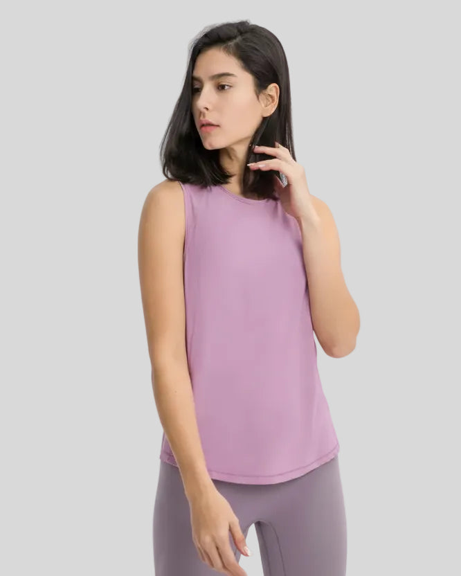 VeilBack Active Tank front angle showing lightweight drape and sleeveless cut in pink purple