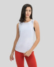 VeilBack Active Tank front angle showing lightweight drape and sleeveless cut in white