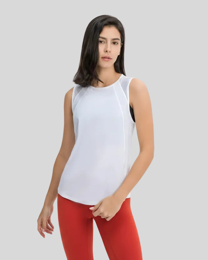 VeilBack Active Tank front angle showing lightweight drape and sleeveless cut in white