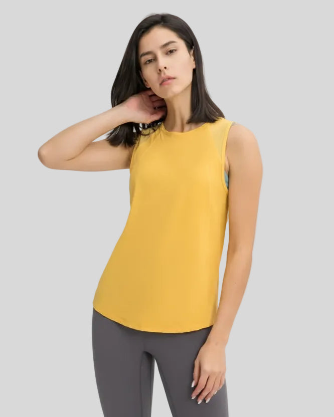 VeilBack Active Tank front angle showing lightweight drape and sleeveless cut in yellow