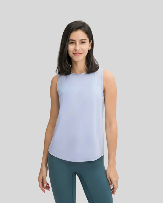 VeilBack Active Tank front view in baby blue with semi-sheer fabric and round neckline