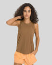 VeilBack Active Tank front view in camel with semi-sheer fabric and round neckline