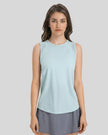 VeilBack Active Tank front view in light blue with semi-sheer fabric and round neckline