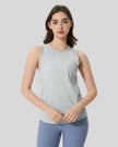 VeilBack Active Tank front view in light gray with semi-sheer fabric and round neckline