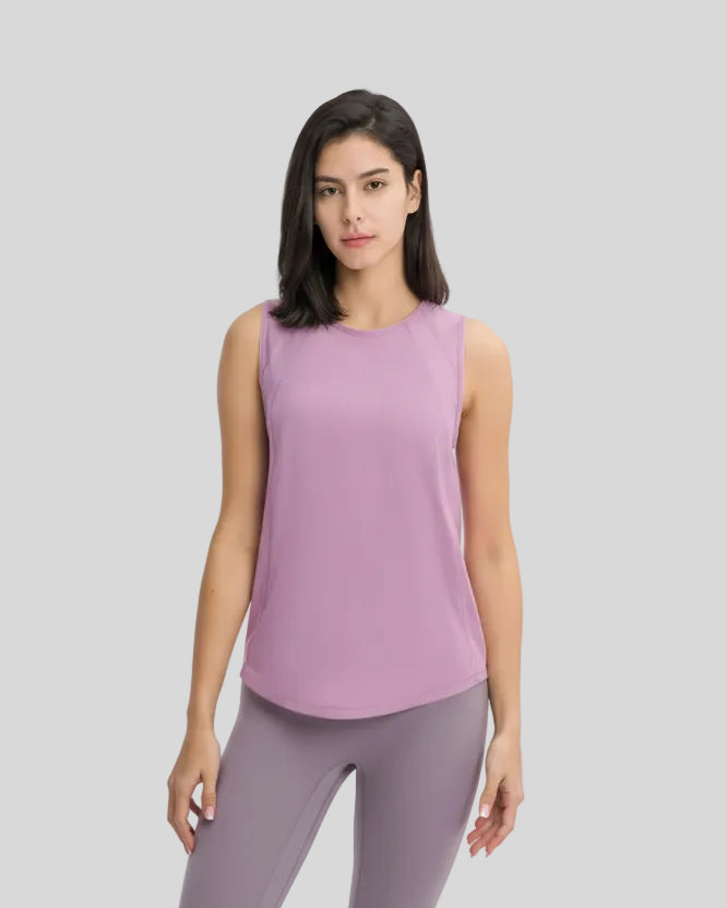 VeilBack Active Tank front view in pink purple with semi-sheer fabric and round neckline