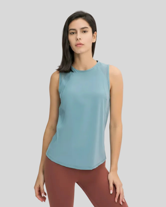 VeilBack Active Tank front view in teal with semi-sheer fabric and round neckline
