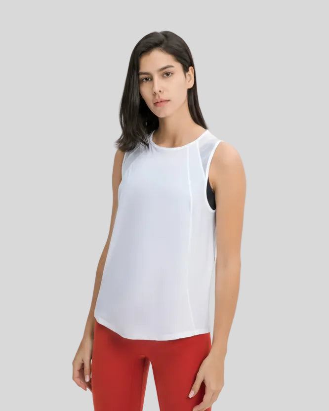 VeilBack Active Tank front view in white with semi-sheer fabric and round neckline