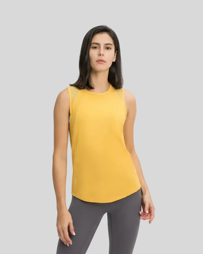 VeilBack Active Tank front view in yellow with semi-sheer fabric and round neckline