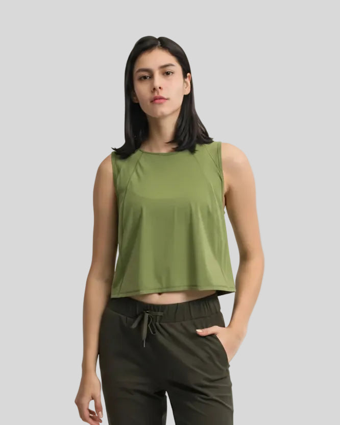 Angled front view of VeilBack Cropped Active Tank in Moss