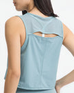 Close-up of sheer cutout back detail on air force blue VeilBack Cropped Active Tank