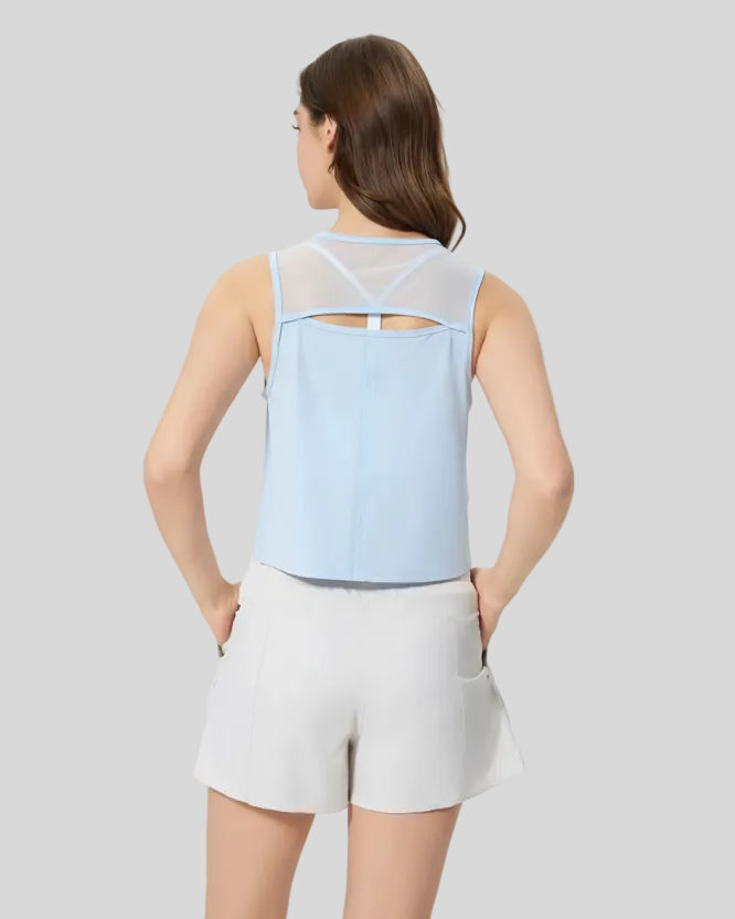 Back view of baby blue VeilBack Cropped Active Tank with sheer cutout detail