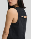 Close-up of sheer cutout back detail on black VeilBack Cropped Active Tank