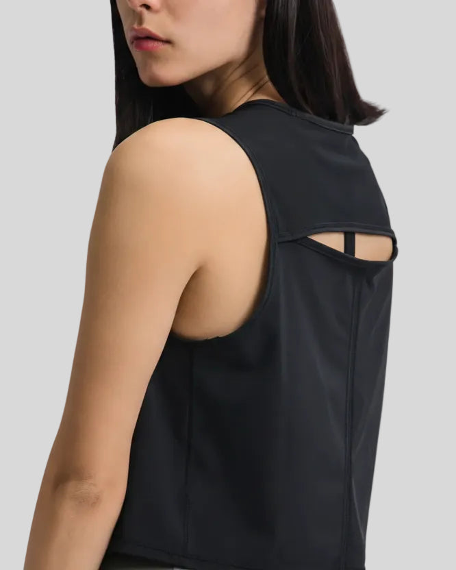 Close-up of sheer cutout back detail on black VeilBack Cropped Active Tank