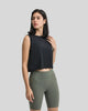 Angled front view of VeilBack Cropped Active Tank in Black
