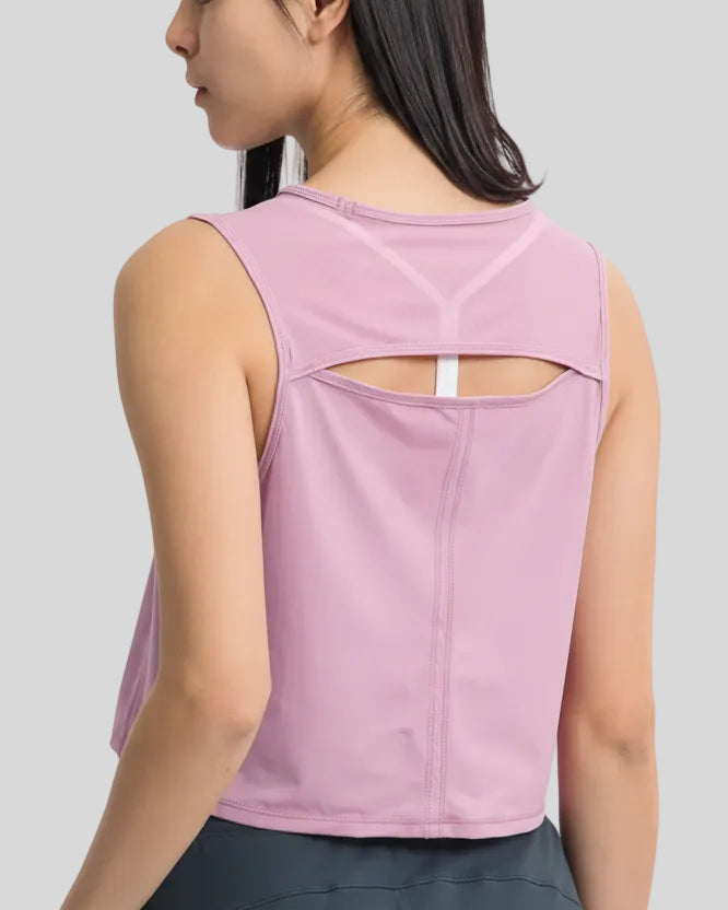 Close-up of sheer cutout back detail on dusty pink VeilBack Cropped Active Tank