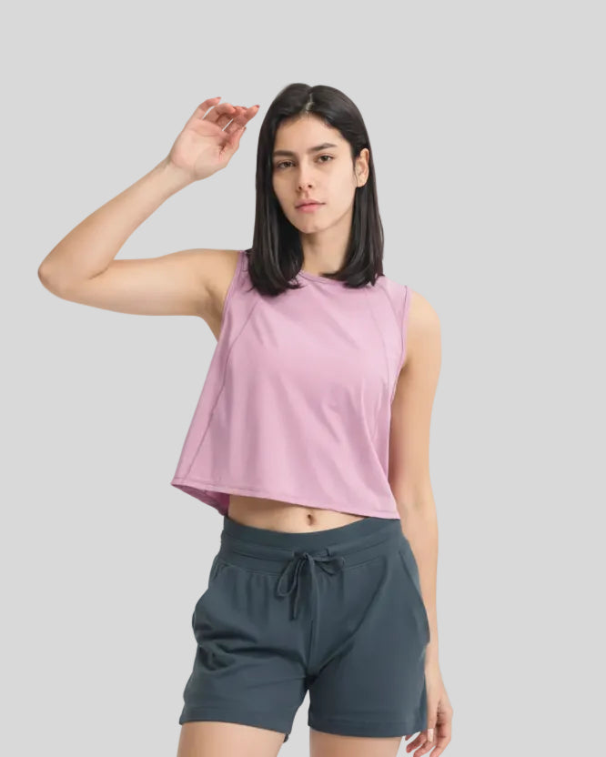 VeilBack Cropped Active Tank in Dusty Pink, front view with cropped fit