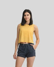 VeilBack Cropped Active Tank in Gold, front view with cropped fit