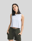 Angled front view of VeilBack Cropped Active Tank in Light Blue